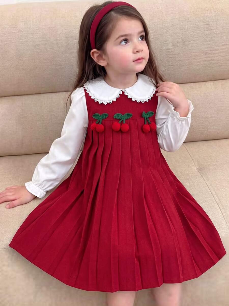 SHEIN Genkimix Kids 女童甜美櫻桃拼接洋裝,蕾絲飾邊彼得潘領泡泡長袖百褶A字領派對洋裝,適合秋季 - 紅色 - 查看 1