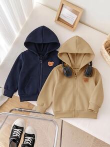 SHEIN 2件組嬰兒男孩女孩秋冬可愛百搭簡約純色連帽外套大衣 灰色連帽衫黑色連帽衫套裝 適合秋冬 - 彩色 - 查看 6