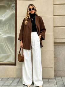 Selenza Autumn/Winter Oatmeal Color Minimalist Collarless Pocketed Cape-Style Double-Faced Overcoat, Loose Oversized Shawl Batwing Sleeve Cut, Single-Breasted Decorative Buttons, Casual Relaxed Silhouette, Flattering Slimming Versatile Commuter High-End Mid-Length Overcoat - Mocha Brown - View 3