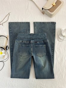 Elamini Women's Casual Denim Flare Pants With Waist Ring Connector - Blue - View 2