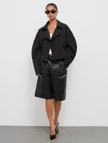 Maija Jaket Wanita Model Double-Breasted dengan Kerah dan Pengencang Pinggang - Hitam - View 2
