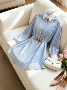 GlowEve CURVE Plus Size Long Sleeve Striped Print Tie Front Shirt - Blue - View 3