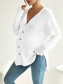 SHEIN 孕婦純色落肩長袖單排扣休閒針織開襟衫 - 白色 - 查看 1