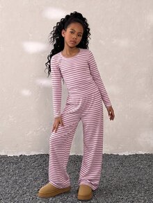 青少年女孩秋冬款 棕色條紋圓領長袖T恤與寬鬆直筒長褲 兩件套服裝 - 粉色 - 查看 4