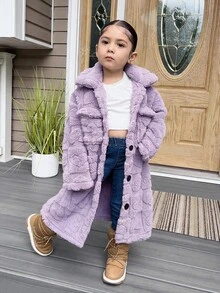 女童純色休閒珊瑚心絨毛中長版翻領長袖外套，適合秋冬穿著 - 紫色 - 查看 3