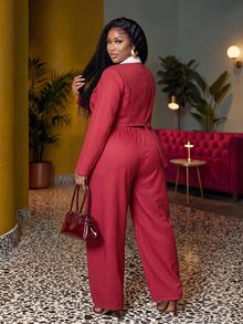 Slaydiva Plus Size Button Asymmetric Hem Long Sleeve Jacket And Striped Pants Suit Set - Red and White - View 2