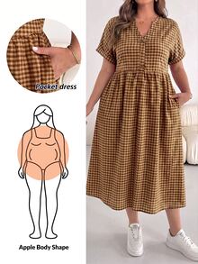 SHEIN Essnce Plus Size Vacation Plaid Pocket Button Short Sleeve Dress - Brown - View 1