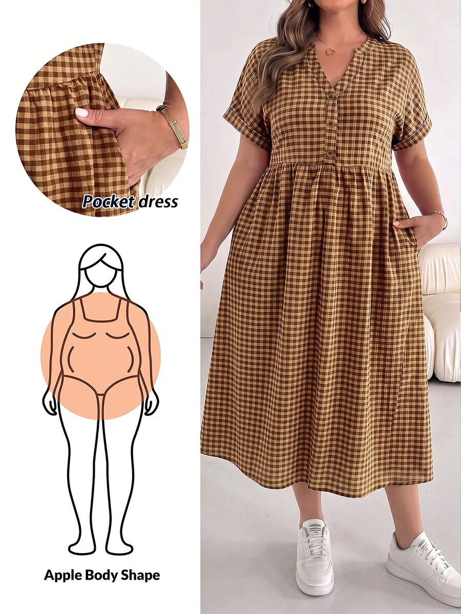 SHEIN Essnce Plus Size Vacation Plaid Pocket Button Short Sleeve Dress - Brown - View 1