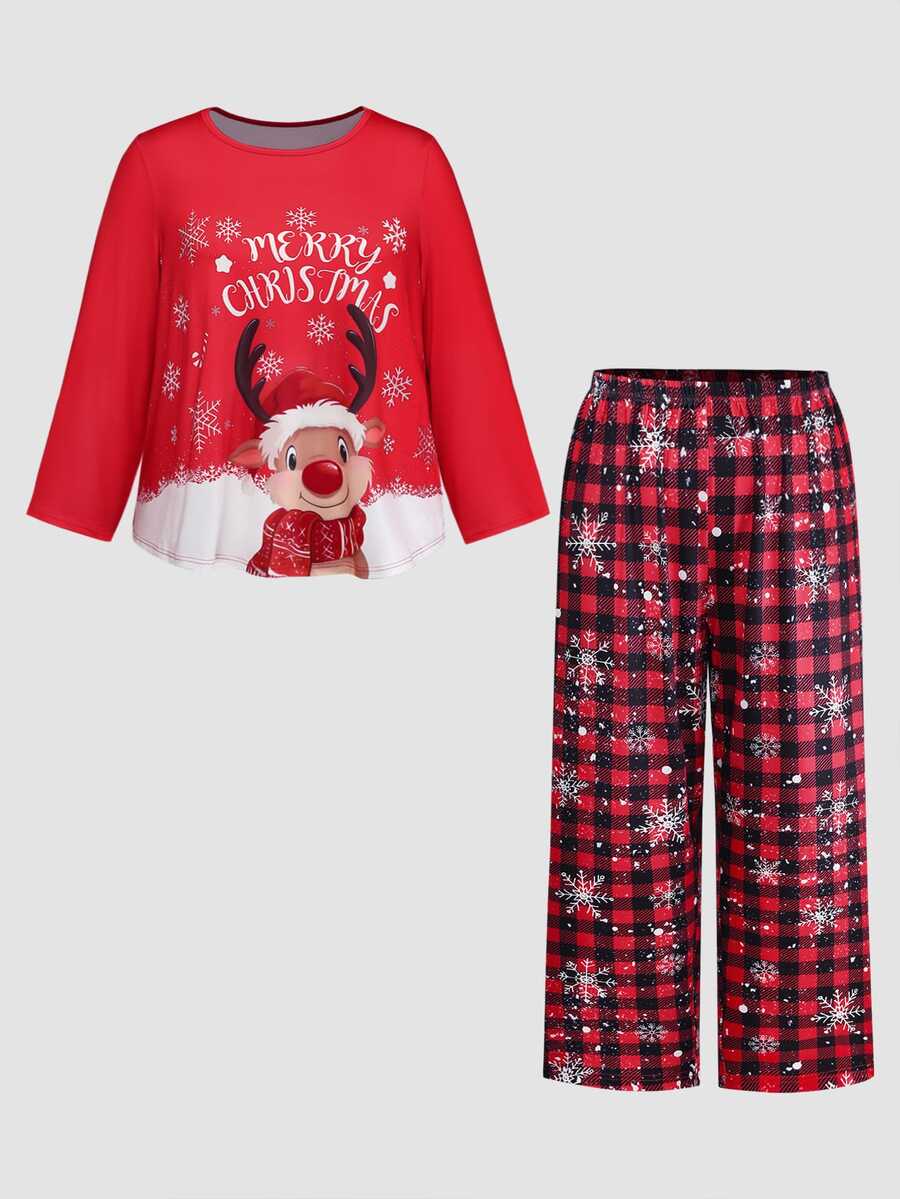 Chillnights Plus Size Women's Christmas Slogan Print Long Sleeve Top And Plaid Pants Pajama Set - Red - View 1