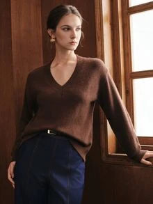 Anewsta Autumn/Winter Maillard Color Palette Multi-Color Dark Brown Sweater Women's Minimalist Slouchy Pullover Knit Top - Brown - View 3