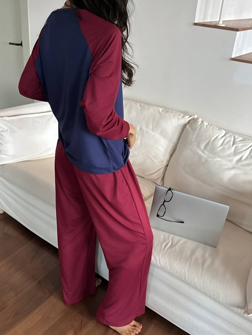 Women's Letter Print Colorblock Top And Pants Pajama Set