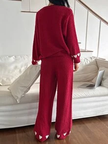 DAZY Women's 2-Piece Heart Pattern Loose Cardigan Long Sleeve Knit Top And Straight Leg Long Pants Pajama Set, Autumn/Winter - Red - View 2
