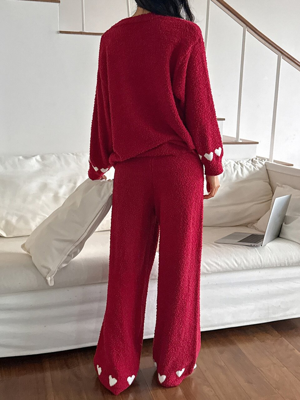 Women's 2-Piece Heart Pattern Loose Cardigan Long Sleeve Knit Top And Straight Leg Long Pants Pajama Set, Autumn/Winter