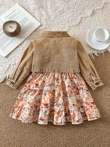 SHEIN Vintaside Kids 女嬰花卉印花細肩帶洋裝搭配鈕扣長袖牛仔外套套裝 - 卡其色 - 查看 2