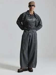 Musero Super Oversized Back Adjuster Grey Washed Denim Jeans Barrel Fit Co Ord Jeans Only Autum Winter Essentials - Black - View 5