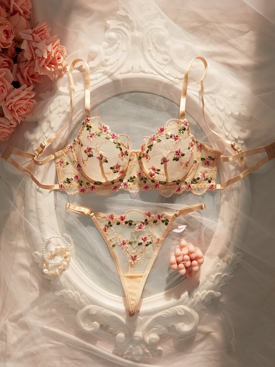 Crystal Vow Floral Embroidery Mesh Lingerie Set For Women, Thin Underwire Bra And Low-Waist Triangle Panty, 2 Pieces Set - Apricot - View 1