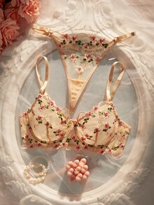 Crystal Vow Floral Embroidery Mesh Lingerie Set For Women, Thin Underwire Bra And Low-Waist Triangle Panty, 2 Pieces Set - Apricot - View 4