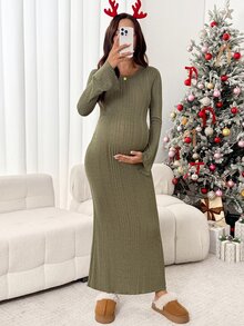 SHEIN Maternity Solid Color Round Neck Long Sleeve Casual Ribbed Knit Dress - Green - View 3