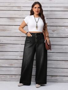 SHEIN CURVE+ Plus Size Women's Button Fly Casual Loose Wide Leg Denim Jeans - Black - View 6