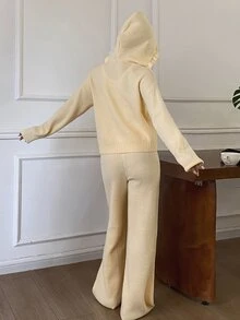 DAZY Solid Color Loose Hooded Zip-Up Sweater And Straight Leg Pants Casual Vacation Autumn/Winter Two Pieces Set For Women - Yellow - View 4