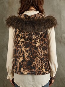 Trelyra Women's Plush Patchwork Hooded Leopard Print Casual Versatile Vest - Multicolor - View 2