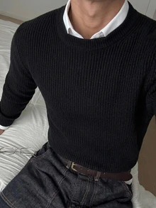 DAZY Sweater Pria Lengan Panjang Ketat Kerah Tinggi Warna Hitam Musim Gugur/Dingin - Hitam - View 1