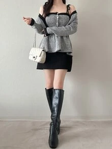 FRIFUL Women's Button Long Sleeve Contrast Color Sweater And Knit Dress 2 Pieces Set Brunch Black And White Striped Fall French Elegant Everyday Date Winter - Grey - View 8