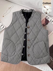 SHEIN Clasi 女款單排扣休閒格紋菱格背心冬外套 - 黑與白 - 查看 3