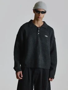Collared Knit Polo Front "MUSERO" Embroidery Ribbed Hem And Cuff Sleeves Autum Winter Essentials - Grey - View 2