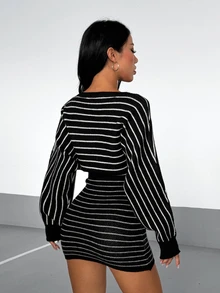 StreetHx Women's Striped Asymmetrical Shoulder Casual Daily Summer Knit Dress - Black and White - View 2