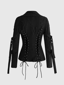 ROMWE Grunge Punk Dark Wanderer Punk Hollow-Out Lace-Up Black Textured Knit Women's Jacket - Black - View 2