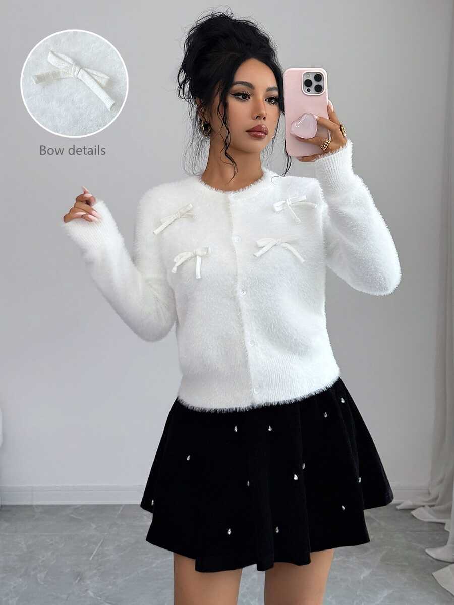 Elenzga Elegant Korean Style White Bowknot Round Neck Button Cardigan Women Long Sleeve Faux Mink Soft Versatile Fashion Top - White - View 1
