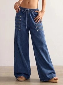 Bohemela Plus Size Casual Washed Drawstring Waist Jeans - Medium Wash - View 4