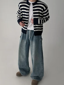DAZY Spring/Autumn Washed Distressed Curved Leg Elastic Waist Drawstring Korean Style Men's Jeans - Blue - View 7
