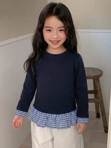 DAZY Young Girl Fall Clothes Young Girl Round Neck Knitted Contrast Color Striped Short Sleeve T-Shirt - Navy Blue - View 1