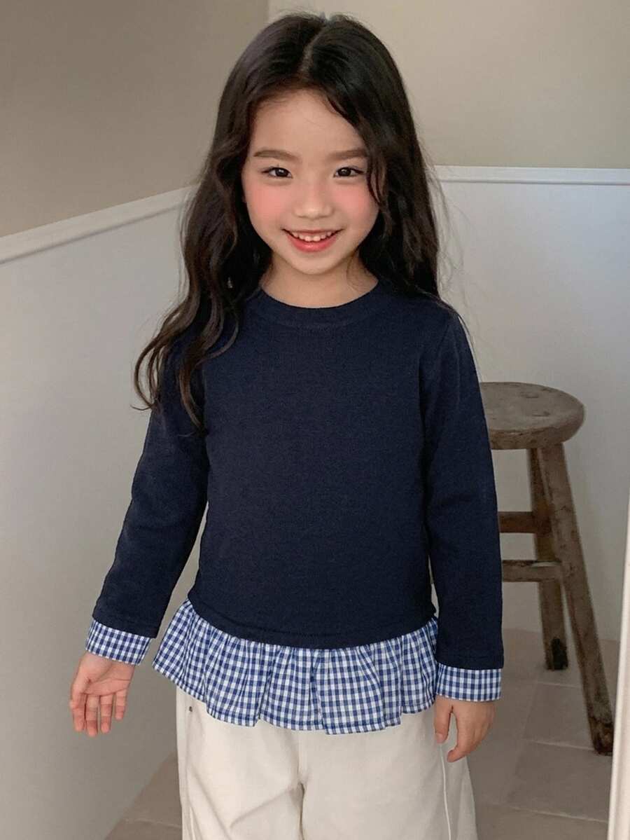 DAZY Young Girl Fall Clothes Young Girl Round Neck Knitted Contrast Color Striped Short Sleeve T-Shirt - Navy Blue - View 1