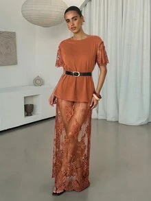 Lavishia Gaun Panjang Transparan Seksi Berenda untuk Wanita, Cocok untuk Kencan dan Pesta - Coklat - View 3