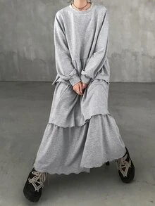 FRIFUL 女款秋季層次感大裙擺長洋裝 - 灰色 - 查看 1