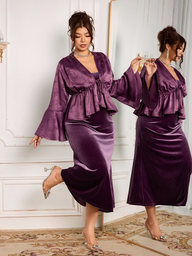 Modelyn Plus Size Women Solid Color Top And Camisole Dress Fashion 2 Pieces Set - Purple - View 4