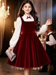 SHEIN ChillGRL Streecool 青少年女孩休閒可愛優雅大學風純色拼接長袖休閒短洋裝 派對穿搭 白色酒紅色 秋季 - 酒紅色 - 查看 4