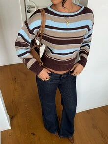 Autumina Sweater Lengan Panjang Kasual Wanita Motif Garis-Garis dan Blok Warna untuk Sehari-hari - MultiWarna - View 6