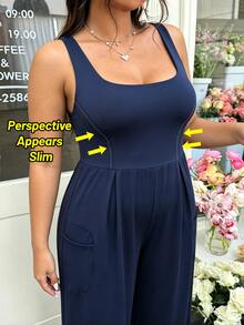 Sunnyshic Women's Plus Size Solid Color Pleated Casual Daily Sports Jumpsuit - Royal Blue - View 7