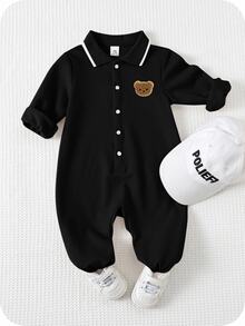 SHEIN 新生兒男嬰/女嬰秋冬款可愛卡通圖案 Polo 領長袖連身衣 - 黑色 - 查看 1