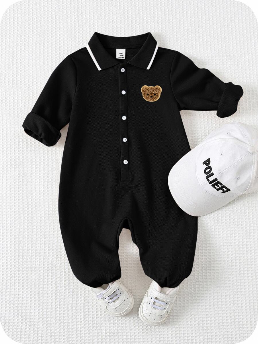 SHEIN 新生兒男嬰/女嬰秋冬款可愛卡通圖案 Polo 領長袖連身衣 - 黑色 - 查看 1