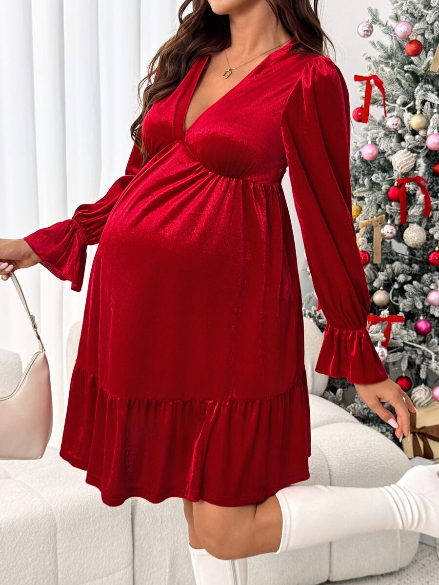 SHEIN Maternity Gentle Comfortable Satin Ruffle Hem Dress - Red - View 1