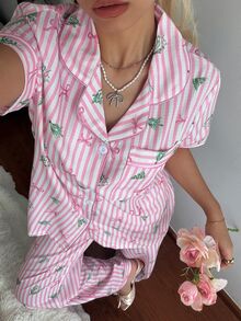 CottageSlumber Sweet Pink & White Striped Christmas Tree Bow Print Lapel Cardigan Loungewear 2 Pieces Set - Pink - View 8