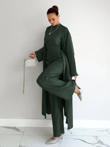 Siren Gaze Women's Solid Color Top, Pants And Robe Set - Dark Green - View 1