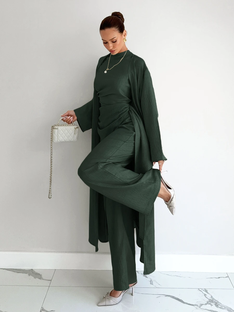 Siren Gaze Women's Solid Color Top, Pants And Robe Set - Dark Green - View 1