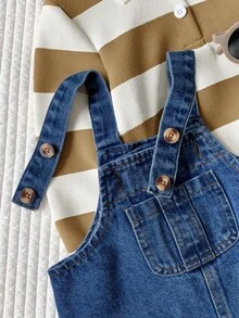 SHEIN 2件組中性新生兒嬰兒男孩/女孩秋冬可愛條紋領衛衣與牛仔吊帶褲套裝，男嬰套裝，男嬰秋季穿搭 - 彩色 - 查看 5