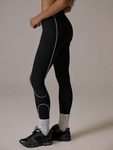 Musera Sport Legging Koordinasi Low Rise Pas Badan dengan Tepi Berpipa Kontras untuk Musim Gugur/Musim Dingin, Olahraga, Pilates, dan Gerak - Hitam - View 3